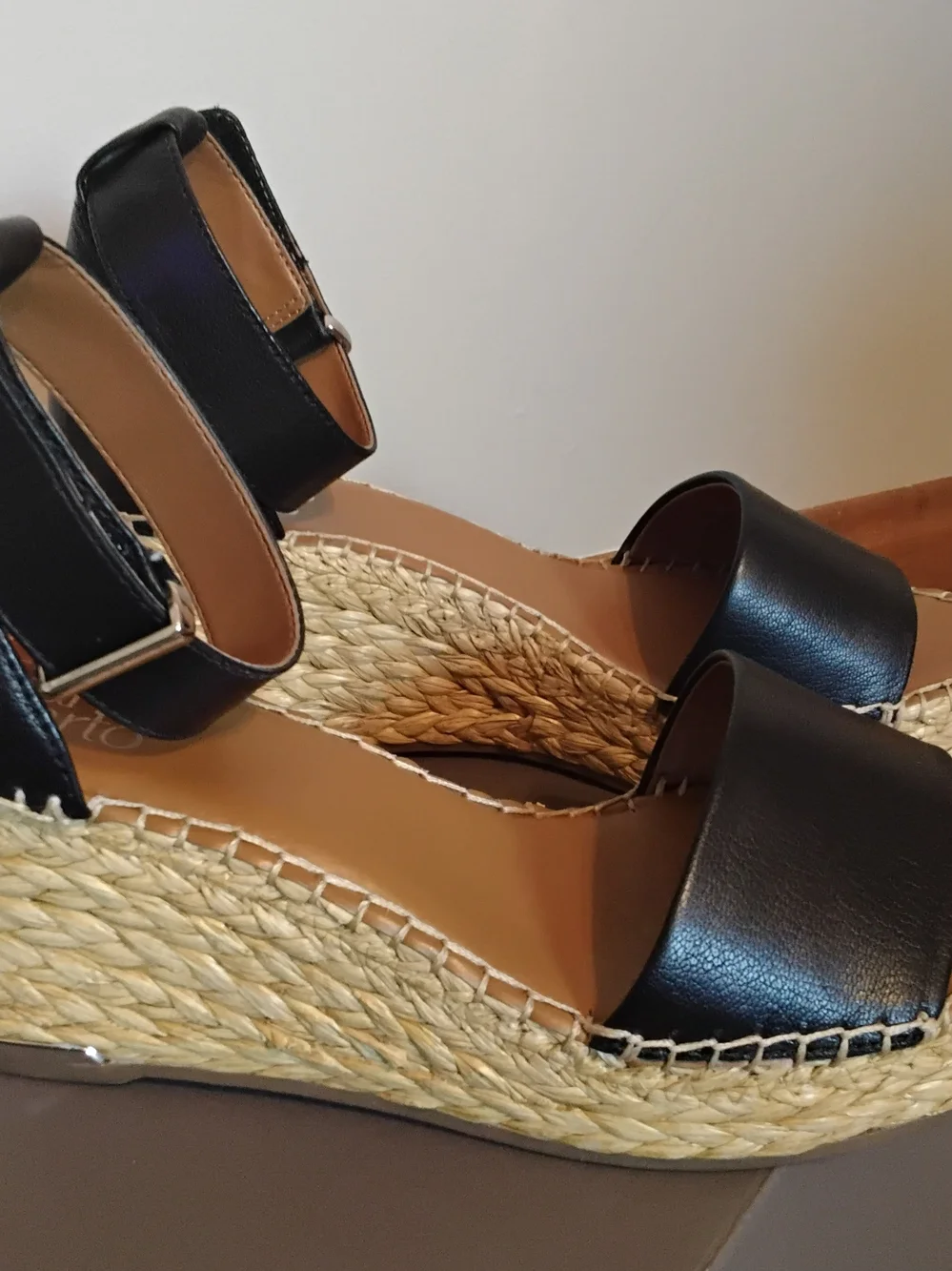 Franco Sarto Black Leather Espadrille Wedge Sandals with Ankle Strap, Size 9